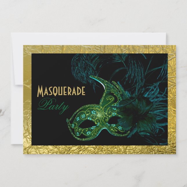 Masquerade Sweet Sixteen party black, green, gold Invitation (Front)