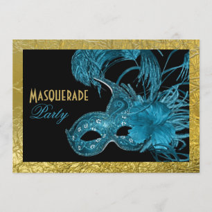 Masquerade Sweet Sixteen party blue, gold foil Invitation