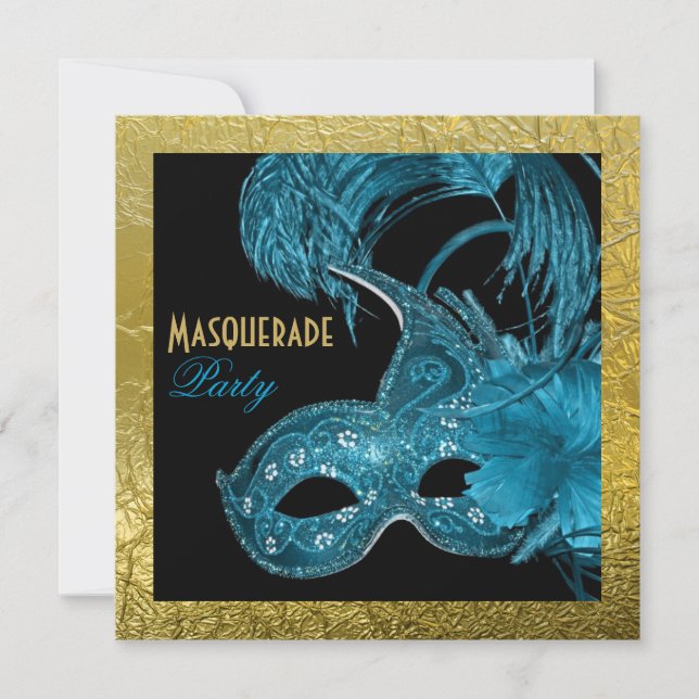 Masquerade Sweet Sixteen party blue, gold foil Invitation (Front)