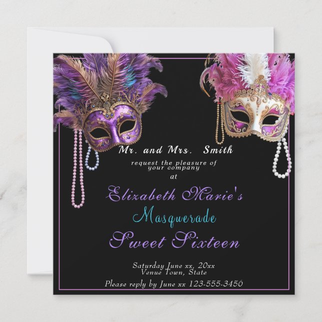 Masquerade Sweet Sixteen Pink Gold  Pearls Invitation (Front)