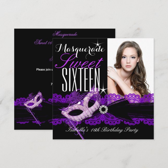 Masquerade Sweet Sixteen Sweet 16 Purple Black Invitation (Front/Back)