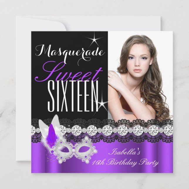 Masquerade Sweet Sixteen Sweet 16 Purple photo Invitation (Front)