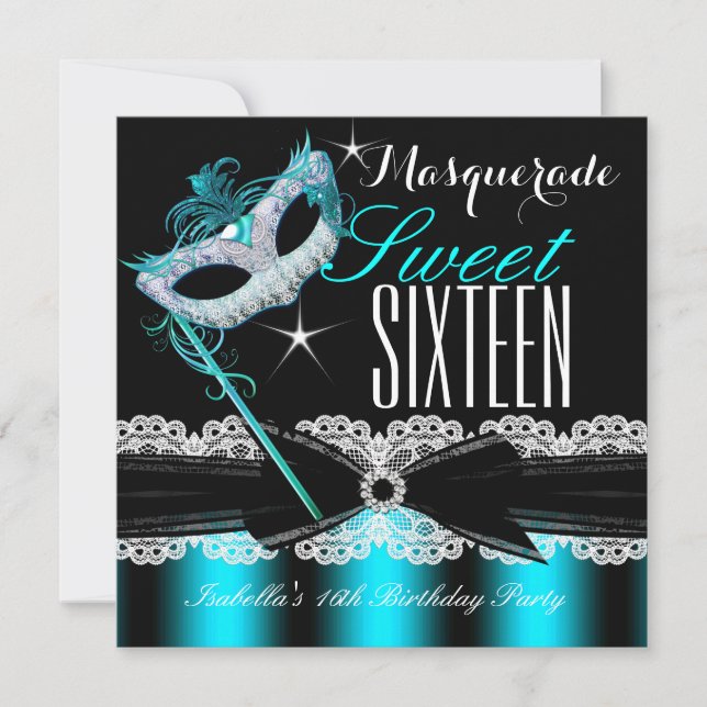 Masquerade Sweet Sixteen Sweet 16 Teal Blue 2 Invitation (Front)