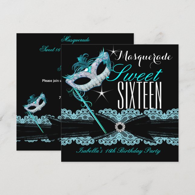 Masquerade Sweet Sixteen Sweet 16 Teal Blue Invitation (Front/Back)