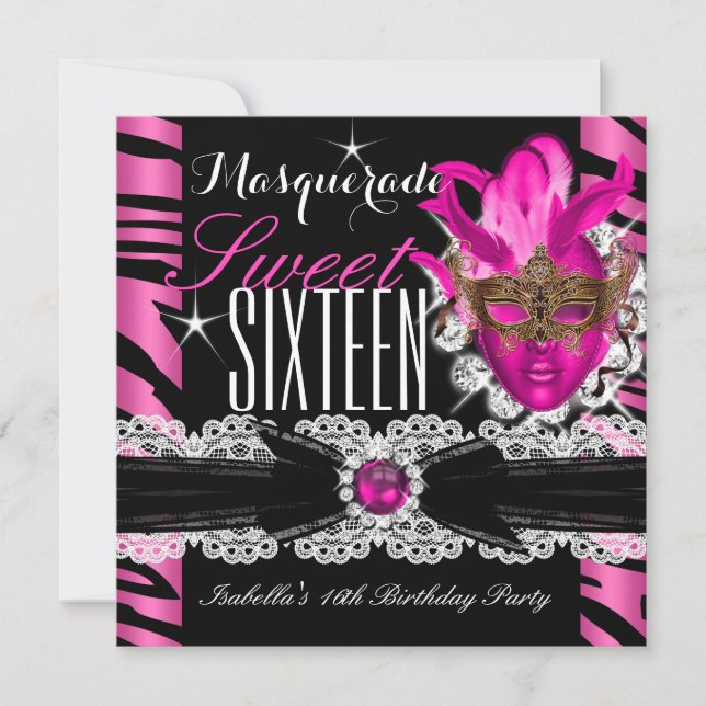Masquerade Sweet Sixteen Sweet 16 Zebra Pink Invitation (Front)