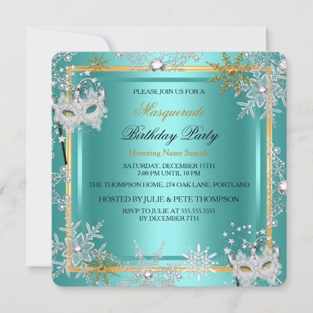 Masquerade Teal Blue Gold Snowflake Silver Mask 2 Invitation (Front)
