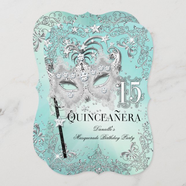 Masquerade Teal Silver Quinceanera Birthday Invite (Front/Back)