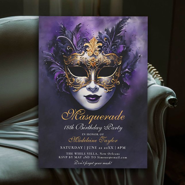 Masquerade Venetian Mask Gold Purple 18th Birthday Invitation (masquerade 18th birthday party invitation glam gold purple venetian mask)