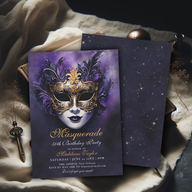 Masquerade Venetian Mask Gold Purple 50th Birthday Invitation (masquerade birthday party 50th for women venetian mask purple gold elegant modern classy)