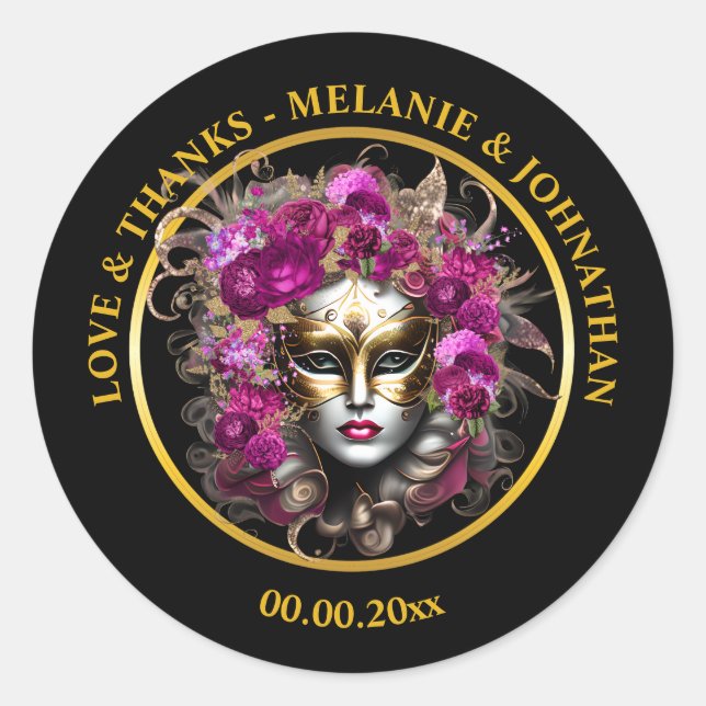 Masquerade woman's face rose flower venetian mask classic round sticker (Front)
