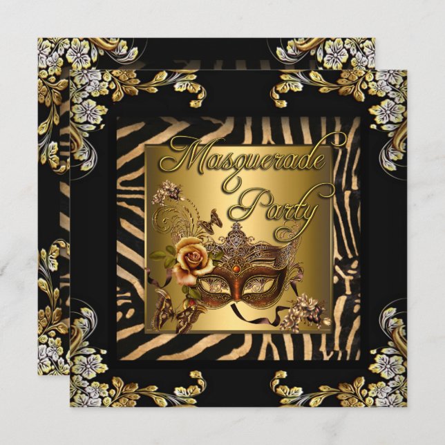 Masquerade Zebra Coffee Black Gold Birthday Party Invitation (Front/Back)