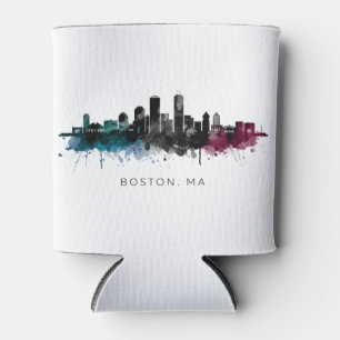 Massachusetts Art Boston MA Skyline Watercolor Can Cooler