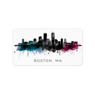 Massachusetts Art Boston MA Skyline Watercolor Label