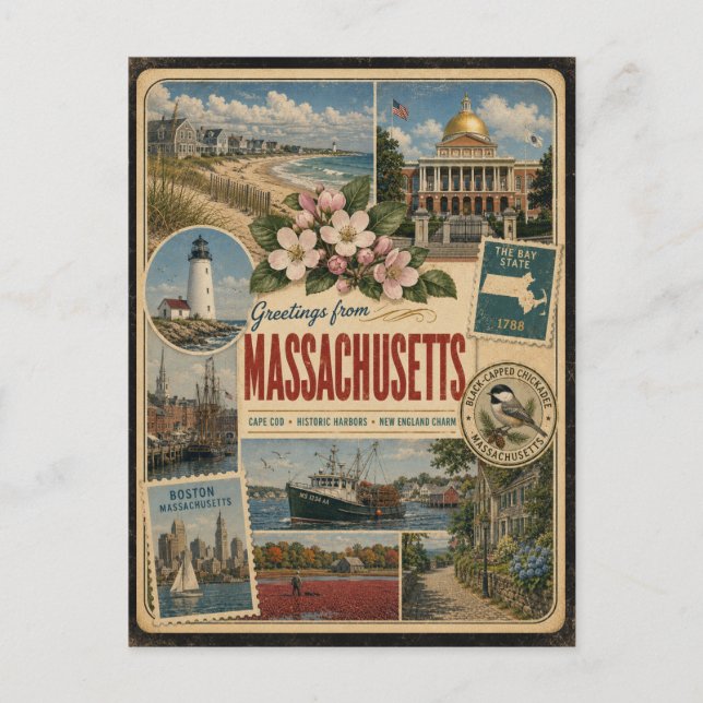 Massachusetts Authentic Vintage Style Postcard (Front)