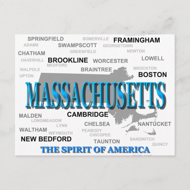Massachusetts Cities and Towns State Pride Map Postcard (Front)