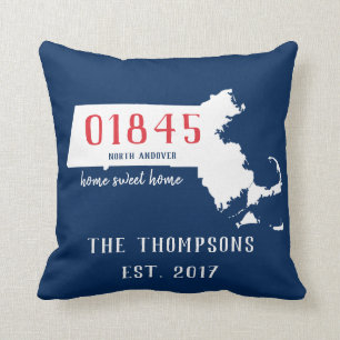 Massachusetts Custom Town Zip Code Pillow Blue Red