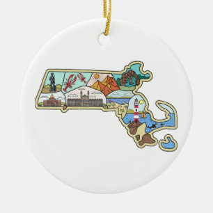 Massachusetts Map Boston Cape Cod Salem Souvenir Ceramic Tree Decoration