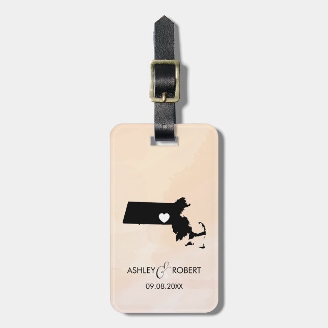 Massachusetts Map Wedding Luggage Tag, Personalise Tag (Front Vertical)