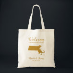 Massachusetts Map Wedding Welcome Bag Tote, Gold<br><div class="desc">Wedding weekend welcome gift bag for out of town guests to your wedding,  featuring image of Massachusetts,  with heart you may place at the precise location. Fill tote with your favorite goodies.</div>