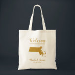 Massachusetts Map Wedding Welcome Bag Tote, Gold<br><div class="desc">Wedding weekend welcome gift bag for out of town guests to your wedding,  featuring image of Massachusetts,  with heart you may place at the precise location. Fill tote with your favorite goodies.</div>