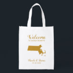 Massachusetts Map Wedding Welcome Bag Tote, Gold<br><div class="desc">Wedding weekend welcome gift bag for out of town guests to your wedding,  featuring image of Massachusetts,  with heart you may place at the precise location. Fill tote with your favourite goodies.</div>