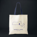Massachusetts Map Wedding Welcome Bag Tote, Navy<br><div class="desc">Wedding welcome gift bag featuring map graphic. Your guests will love checking into their hotel and finding this tote filled with treats awaiting them. You may position the heart to the location of your big day using the "customise further" feature.</div>
