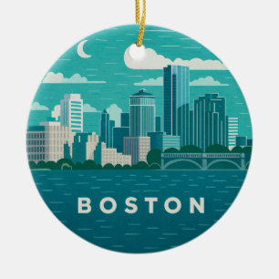 Massachusetts Night Cityscape   Boston City Ceramic Tree Decoration