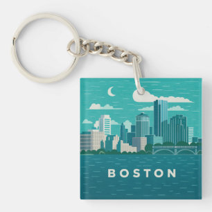 Massachusetts Night Cityscape   Boston City Key Ring