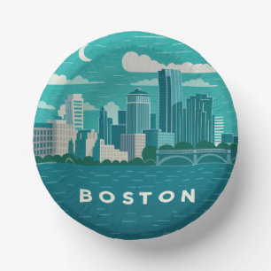 Massachusetts Night Cityscape Boston City Paper Plate