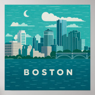 Massachusetts Night Cityscape   Boston City Poster