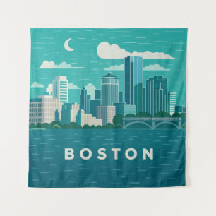 Massachusetts Night Cityscape   Boston City Tapestry