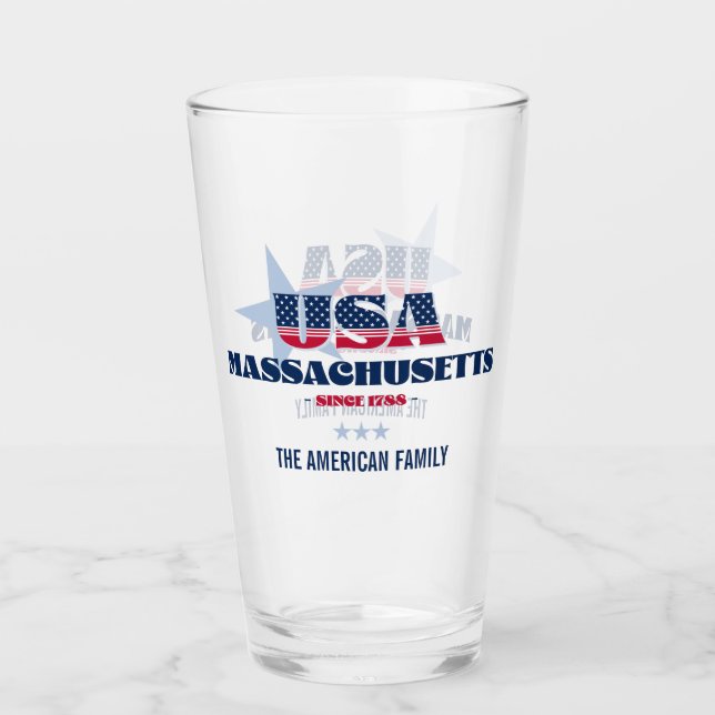 Massachusetts Patriotic Pride Personalised Glass (Front)