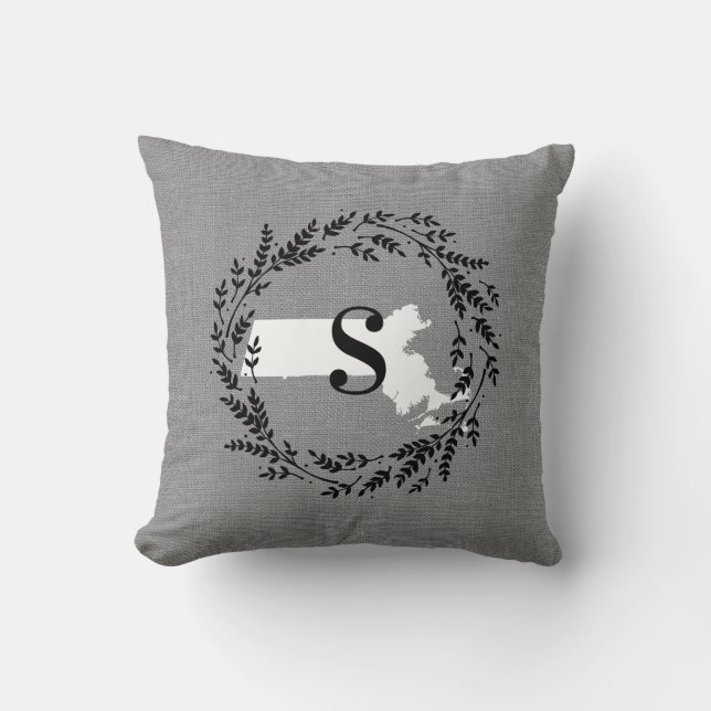 Massachusetts Rustic Wreath Monogram Throw Pillow (Front)