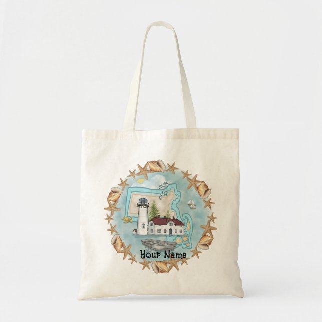 Massachusetts Shells Lighthouse Tote Bag (Front)