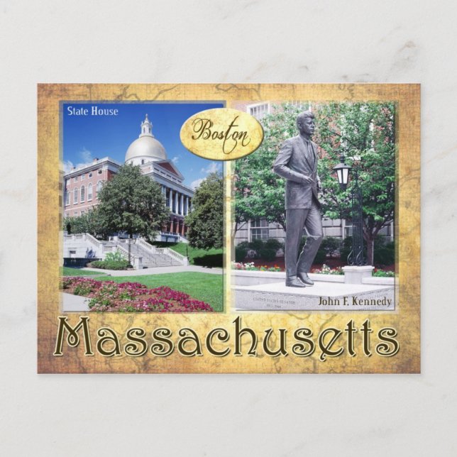 Massachusetts State House & Kennedy's Statue Postcard (Front)