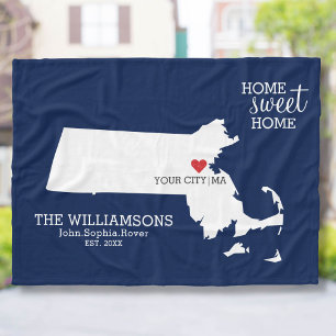 Massachusetts State Map Custom Names, City, Colour Fleece Blanket