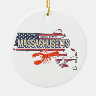 Massachusetts United States Retro Map Vintage USA Ceramic Tree Decoration