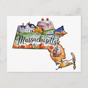 Massachusetts USA State Shaped Vintage Watercolor Postcard