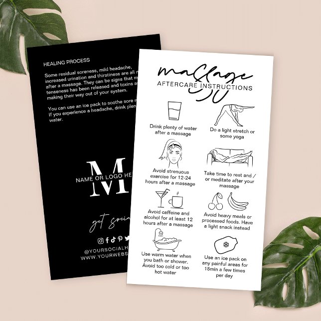 Massage Aftercare Instructions Minimalist Masseuse Business Card (Massage aftercare cards in modern black and white design with care icons and contact details)