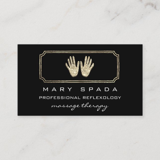 Massage Reflexology Glitter Hands Black Gold QR Business Card (Front)