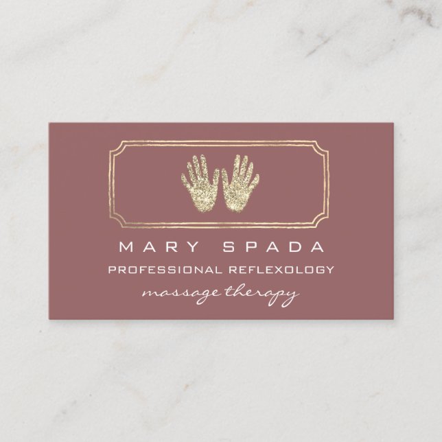 Massage Reflexology Glitter Hands Gold QRCode Rose Business Card (Front)