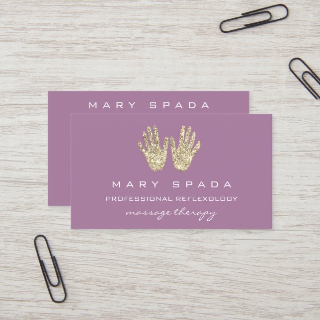 Massage Reflexology Glitter Hands Reiki PurpleGold Business Card (Front/Back In Situ)