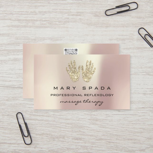 Massage Reflexology Glitter Hands Rose Gold QRCODE Business Card (Front/Back In Situ)
