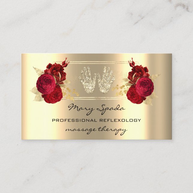 Massage Reflexology Reiki Hands Frane Gold QR Code Business Card (Front)