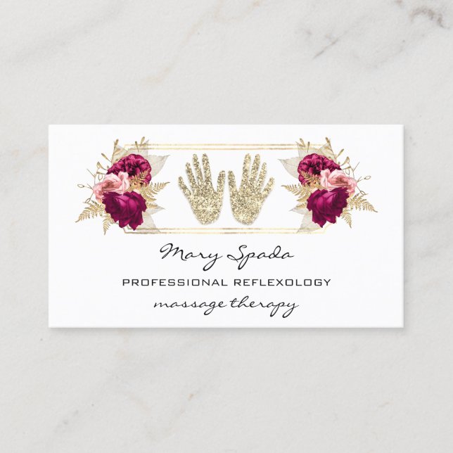 Massage Reflexology Reiki Hands Gold QR Code Pink Business Card (Front)