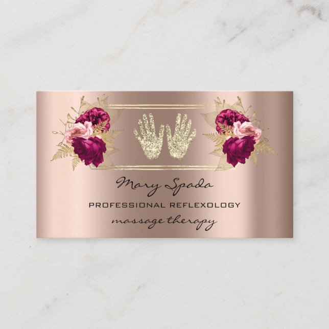Massage Reflexology Reiki Hands Rose Gold QR Logo Business Card (Front)
