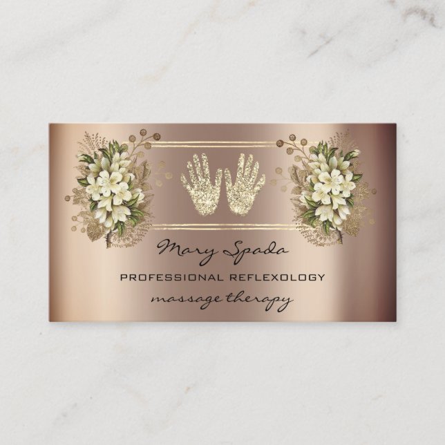 Massage Reflexology Reiki Hands Rose Gold QRFloral Business Card (Front)