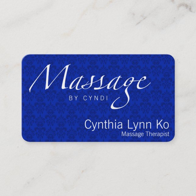 Massage Text on Blue Damask Business Card (Front)