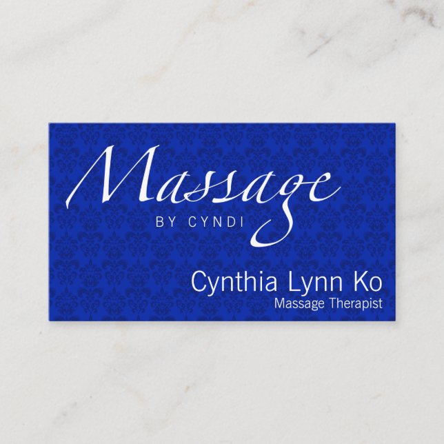 Massage Text on Blue Damask Business Card (Front)