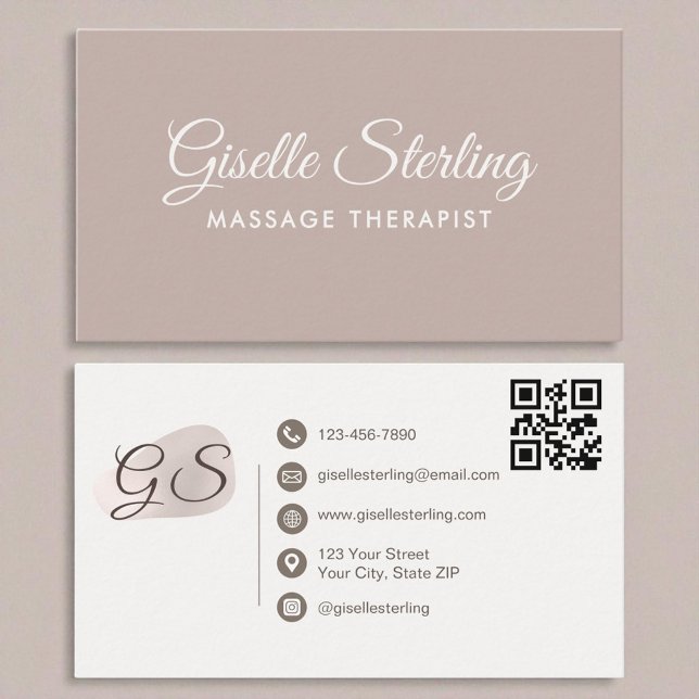 Massage Therapist Blush Mauve Elegant QR Code Business Card (Creator Uploaded)